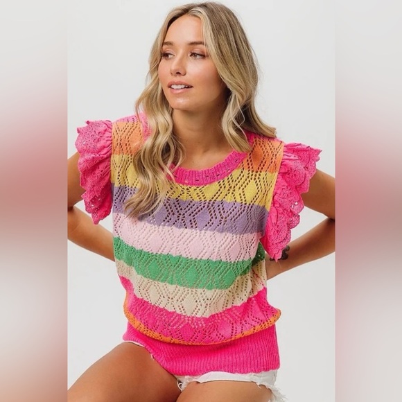 BiBi Sweaters - NWT BiBi Open Knit Bright Pink Purple Striped Ruffle Sleeve Easter Sweater Sz XL